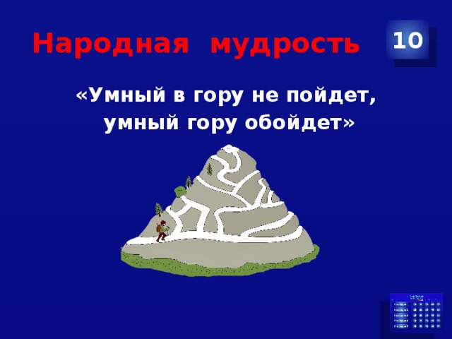 Народная мудрость 10 «Умный в гору не пойдет,  умный гору обойдет» 