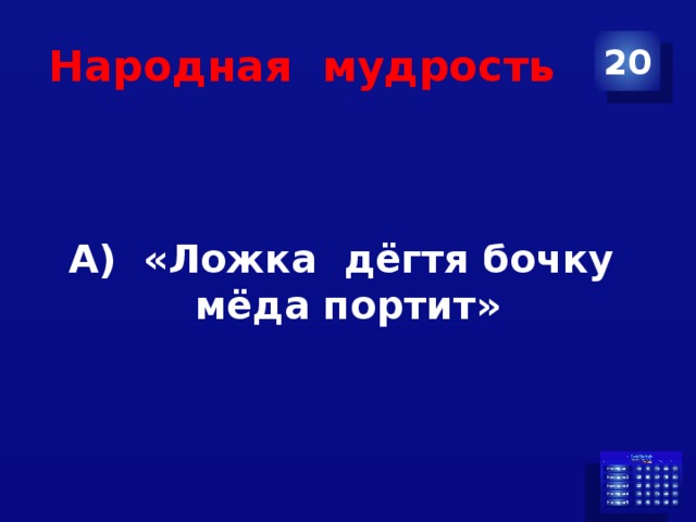 Народная мудрость 20 А) «Ложка дёгтя бочку мёда портит» 