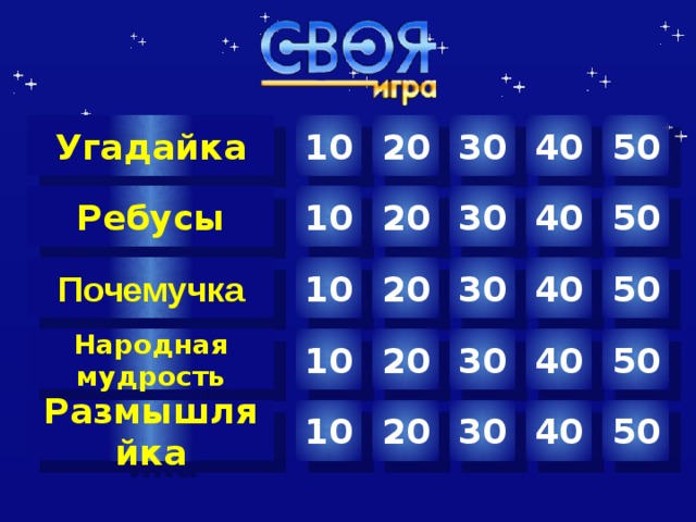 10 30 40 50 20 Угадайка 50 Ребусы 40 30 20 10 20 30 40 50 Почемучка 10 Народная мудрость 20 40 50 30 10 Автор шаблона Салиш С.С., учитель начальных классов СШ №53 г. Актобе. 20 30 40 50 10 Размышляйка  