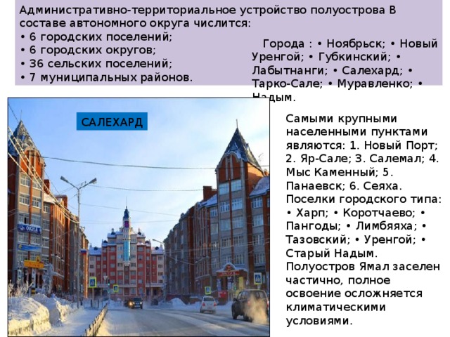 Административно-территориальное устройство полуострова В составе автономного округа числится: • 6 городских поселений; • 6 городских округов; • 36 сельских поселений; • 7 муниципальных районов.  Города : • Ноябрьск; • Новый Уренгой; • Губкинский; • Лабытнанги; • Салехард; • Тарко-Сале; • Муравленко; • Надым. Самыми крупными населенными пунктами являются: 1. Новый Порт; 2. Яр-Сале; 3. Салемал; 4. Мыс Каменный; 5. Панаевск; 6. Сеяха. Поселки городского типа: • Харп; • Коротчаево; • Пангоды; • Лимбяяха; • Тазовский; • Уренгой; • Старый Надым. Полуостров Ямал заселен частично, полное освоение осложняется климатическими условиями. САЛЕХАРД 
