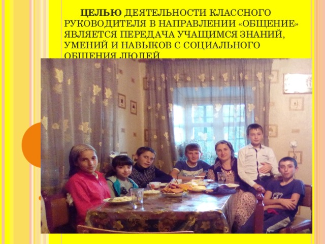 ЦЕЛЬЮ ДЕЯТЕЛЬНОСТИ КЛАССНОГО РУКОВОДИТЕЛЯ В НАПРАВЛЕНИИ «ОБЩЕНИЕ» ЯВЛЯЕТСЯ ПЕРЕДАЧА УЧАЩИМСЯ ЗНАНИЙ, УМЕНИЙ И НАВЫКОВ С СОЦИАЛЬНОГО ОБЩЕНИЯ ЛЮДЕЙ. 
