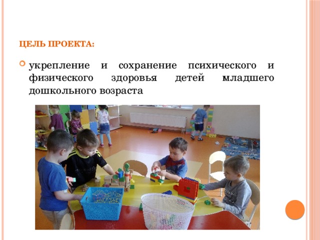 Цель проекта:   укрепление и сохранение психического и физического здоровья детей младшего дошкольного возраста 