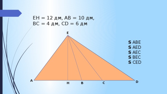 EH = 12 дм, АВ = 10 дм,  ВC = 4 дм, СD = 6 дм E S ABE S AED S AEC S BEC S CED A D C B H 