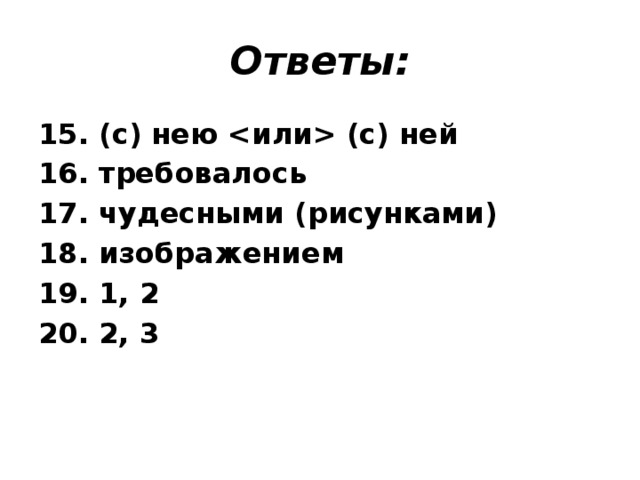 Ответы: 15. (с) нею  (с) ней 16. требовалось 17. чудесными (рисунками) 18. изображением 19. 1, 2 20. 2, 3 
