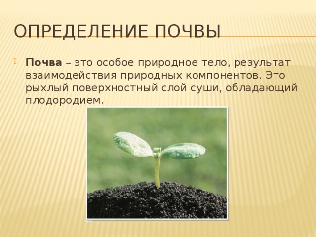 Определение почвы Почва – это особое природное тело, результат взаимодействия природных компонентов. Это рыхлый поверхностный слой суши, обладающий плодородием. 