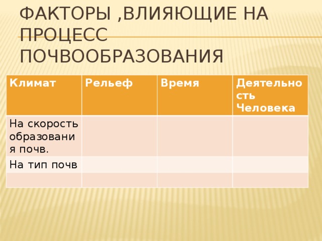 Факторы ,влияющие на процесс почвообразования Климат Рельеф На скорость образования почв. Время На тип почв Деятельность Человека 