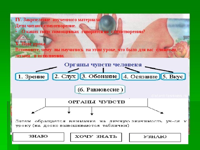 ІҮ . Закрпеление изученного материала: Дети читают стихотворение. О каких пяти помощниках говорится ва стихотворении? Ү. Итог урока: Вспомните, чему вы научились на этом уроке, что было для вас сложным, легким в исполнении. 