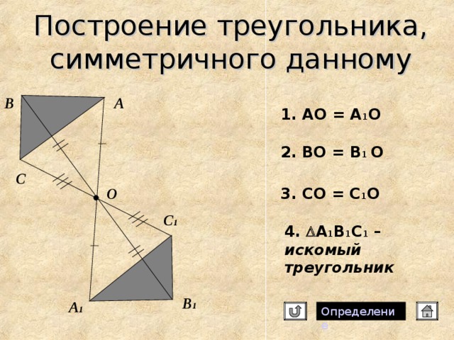 Построение треугольника, симметричного данному B А 1 . АО = А 1 О 2. ВО = В 1 О C О 3. СО = С 1 О C 1 4.  А 1 В 1 С 1 – искомый треугольник B 1 А 1 Определение 