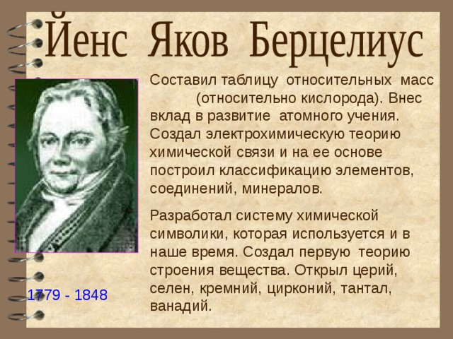 Составил таблицу относительных масс (относительно кислорода). Внес вклад в развитие атомного учения. Создал электрохимическую теорию химической связи и на ее основе построил классификацию элементов, соединений, минералов. Разработал систему химической символики, которая используется и в наше время. Создал первую теорию строения вещества. Открыл церий, селен, кремний, цирконий, тантал, ванадий. 1779 - 1848 
