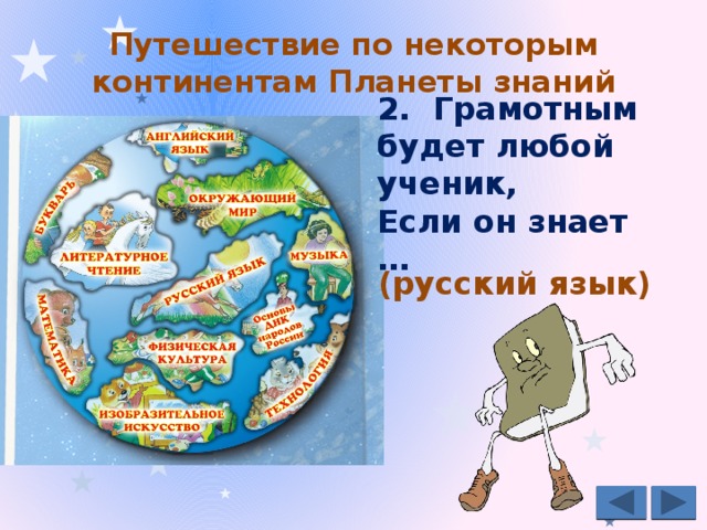 Путешествие по некоторым континентам Планеты знаний   2.  Грамотным будет любой ученик, Если он знает … (русский язык) 