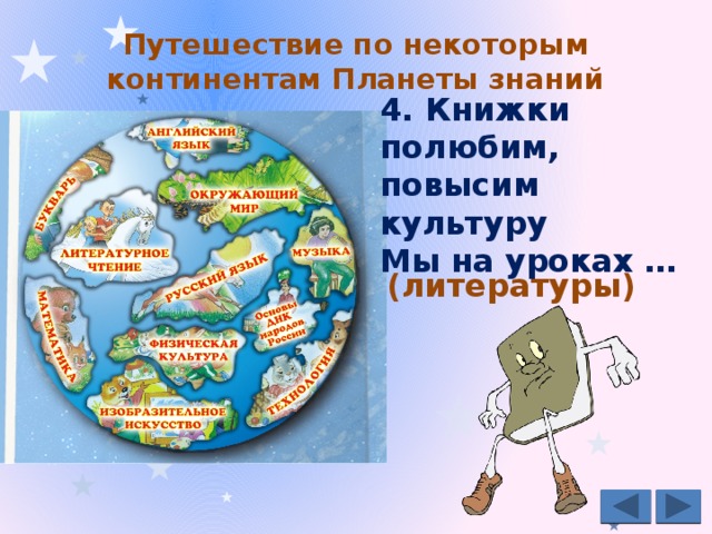 Путешествие по некоторым континентам Планеты знаний   4. Книжки полюбим, повысим культуру Мы на уроках … (литературы) 