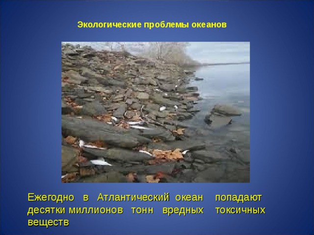 Экологические проблемы океанов Ежегодно в Атлантический океан попадают десятки миллионов тонн вредных токсичных веществ 