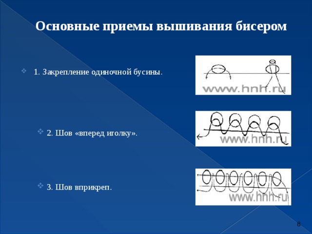 Основные приемы вышивания бисером   1. Закрепление одиночной бусины. 2. Шов «вперед иголку». 2. Шов «вперед иголку». 3. Шов вприкреп . 3. Шов вприкреп .  