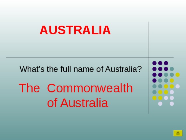 AUSTRALIA What’s the full name of Australia? The Commonwealth  of Australia 