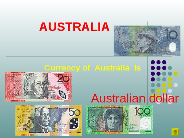 AUSTRALIA Currency of Australia is Australian dollar 