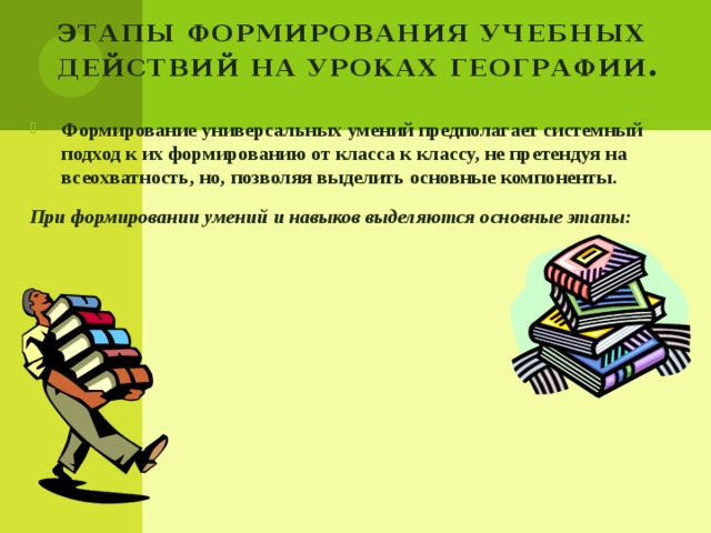 Этапы формирования учебных действий на уроках географии . Формирование универсальных умений предполагает системный подход к их формированию от класса к классу, не претендуя на всеохватность, но, позволяя выделить основные компоненты.  При формировании умений и навыков выделяются основные этапы: 