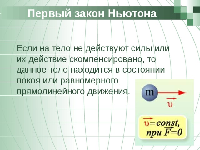 Первый закон Ньютона  Если на тело не действуют силы или их действие скомпенсировано, то данное тело находится в состоянии покоя или равномерного прямолинейного движения. Позволю напомнить, что компонент состоит из трех подкомпонентов, каждый из которых решает свой круг задач  