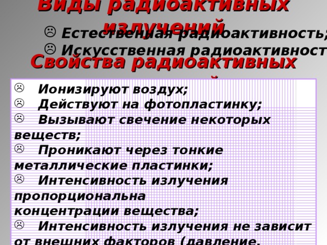 Виды радиоактивных излучений  Естественная радиоактивность;  Искусственная радиоактивность. Свойства радиоактивных излучений  Ионизируют воздух;  Действуют на фотопластинку;  Вызывают свечение некоторых веществ;  Проникают через тонкие металлические пластинки;  Интенсивность излучения пропорциональна концентрации вещества;  Интенсивность излучения не зависит от внешних факторов (давление, температура, освещенность, электрические разряды).  