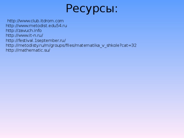 Ресурсы:  http://www.club.itdrom.com http://www.metodist.edu54.ru http://zavuch.info http://www.it-n.ru/ http://festival.1september.ru/ http://metodisty.ru/m/groups/files/matematika_v_shkole?cat=32 http://mathematic.su/ 