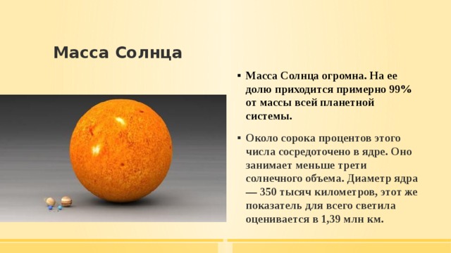 Масса Солнца Масса Солнца огромна. На ее долю приходится примерно 99% от массы всей планетной системы. Около сорока процентов этого числа сосредоточено в ядре. Оно занимает меньше трети солнечного объема. Диаметр ядра — 350 тысяч километров, этот же показатель для всего светила оценивается в 1,39 млн км. 