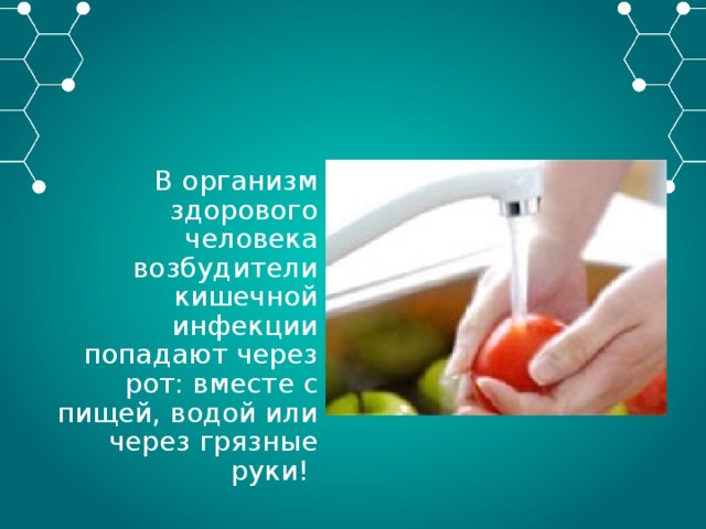 В организм здорового человека возбудители кишечной инфекции попадают через рот: вместе с пищей, водой или через грязные руки! 