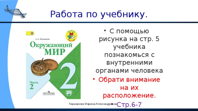 Работа по учебнику. С помощью рисунка на стр. 5 учебника познакомься с внутренними органами человека Обрати внимание на их расположение. Стр.6-7 практическое задание. Карманова Марина Александровна