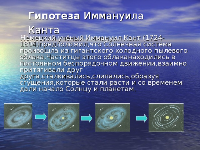 Гипотеза Иммануила Канта   Немецкий учёный Иммануил Кант (1724-1804)предположил , что Солнечная система произошла из гигантского холодного пылевого облака . Частитцы этого облаканаходились в постоянном беспорядочном движении , взаимно притягивали друг друга , сталкивались , слипались , образуя сгущения , которые стали расти и со временем дали начало Солнцу и планетам . 