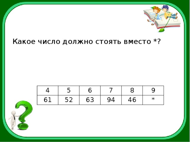 Какое число должно стоять вместо *? 4 61 5 6 52 7 63 8 94 46 9 * 