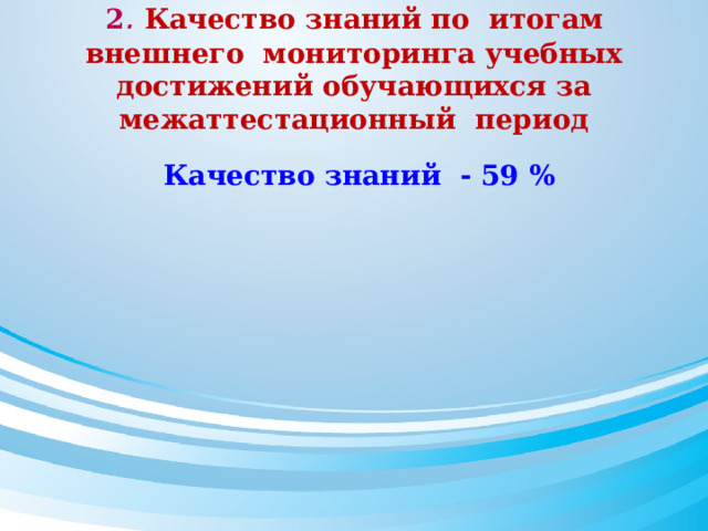 2 . Качество знаний по итогам внешнего мониторинга учебных достижений обучающихся за межаттестационный период  Качество знаний  - 59 % 