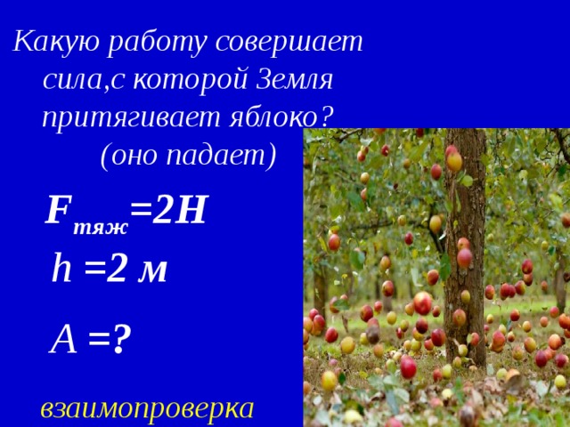 Совершилась ли работа? Шар катится по гладкой  поверхности пола  Кирпич лежит на земле Автопогрузчик поднимает груз Яблоко падает на землю 