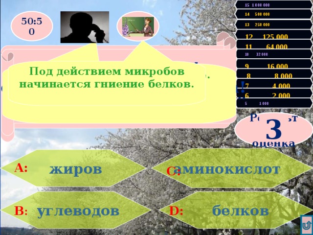 15 1 000 000 14 500 000 50:50 13 250 000 12 125 000 Увы, Вы проиграли! Игра закончена. У Вас 1000 очков! Первая несгораемая сумма! Продолжаем игру!  11 64 000 10 32 000 Почему нельзя употреблять в пищу несвежее мясо и рыбу? Происходит гниение…. 9 16 000 Под действием микробов начинается гниение белков. Можно получить отравление.  8 8 000 7 4 000 6 2 000 5 1 000 Результат- оценка 3 аминокислот     жиров А: С:   белков  углеводов D: В : 