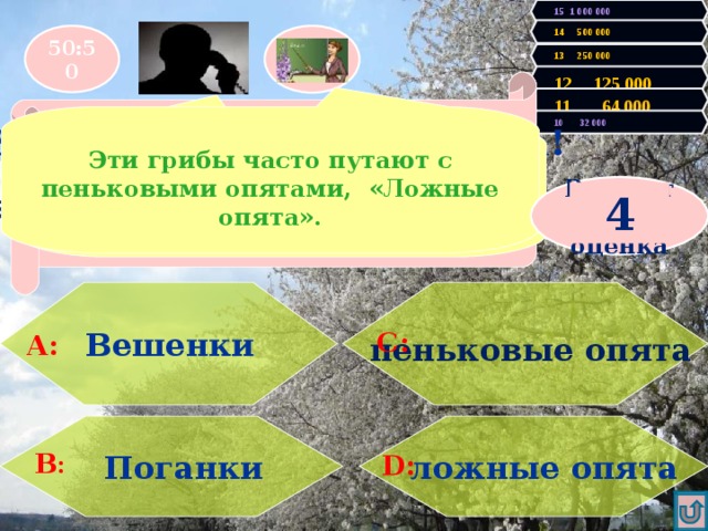 15 1 000 000 14 500 000 50:50 13 250 000 12 125 000 Вторая несгораемая сумма! У Вас 32000 очков! Продолжаем игру! Увы, Вы проиграли! Игра закончена. 11 64 000  Эти грибы часто путают с пеньковыми опятами, «Ложные опята». При отравлении этими грибами, Растущими на пнях, у человека Возникают симптомы гастроэнтерита : 10 32 000 «Ложные опята» Результат- оценка 4   пеньковые опята  Вешенки    С: А:  Поганки   ложные опята В : D: 