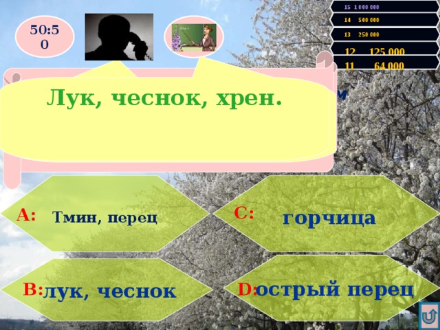 15 1 000 000 14 500 000 50:50 13 250 000 12 125 000  Правильно! У Вас 64000 очков! Продолжаем игру!  11 64 000 Увы, Вы проиграли! Игра закончена. Лук, чеснок, хрен. Эти растения с характерным резким Запахом, является хорошим средством при простуде Я думаю, лук и чеснок.   горчица    Тмин, перец  А: С:  острый перец  лук, чеснок В: D: 