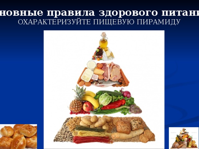 Основные правила здорового питания ОХАРАКТЕРИЗУЙТЕ ПИЩЕВУЮ ПИРАМИДУ 