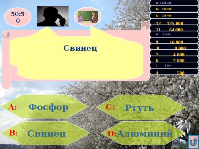 15 1 000 000 14 500 000 50:50 13 250 000 12 125 000 Правильно! У Вас 500 очков! Продолжаем игру! Увы, Вы проиграли! Игра закончена. 11 64 000 Выхлопные газы автомобилей могут быть источником загрязнения продуктов эти металлом. ? 10 32 000 Свинец 9 16 000 Свинец  8 8 000 7 4 000 6 2 000 5 1 000 4 500 Ртуть   Фосфор А: С:  Свинец  Алюминий В : D: 