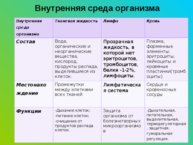 Внутренняя среда организма Внутренняя среда организма Тканевая жидкость Состав  Лимфа Вода, органические и неорганические вещества, кислород, продукты распада, выделившиеся из клеток. Местонахождение  Функции  Кровь Прозрачная жидкость, в которой нет эритроцитов, тромбоцитов, белки -1-2%, лимфоциты. Промежутки между клетками всех тканей -Дыхание клеток; -питание клеток; -очищение от продуктов распада клеток. Плазма, форменные элементы: эритроциты, лейкоциты и кровяные пластинки(тромбоциты) Лимфатическая система Сердце и кровеносные сосуды Защита организма от болезнетворных микроорганизмов -Дыхательная, питательная, выделительная, терморегуляторная, защитная, гуморальная регуляция. 