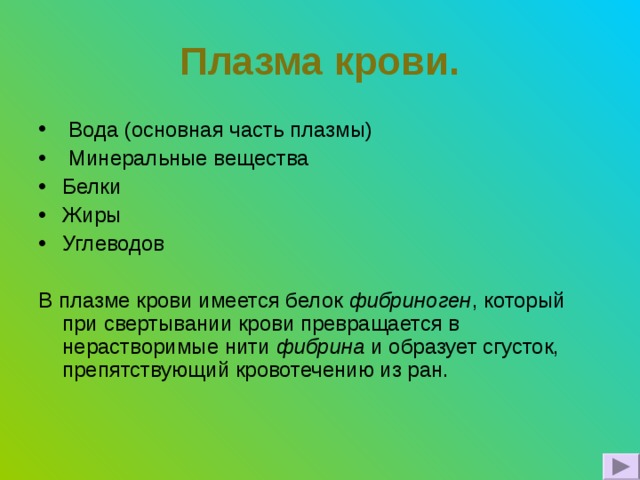 Плазма крови.  Вода (основная часть плазмы)  Минеральные вещества Белки Жиры Углеводов В плазме крови имеется белок фибриноген , который при свертывании крови превращается в нерастворимые нити фибрина и образует сгусток, препятствующий кровотечению из ран. 