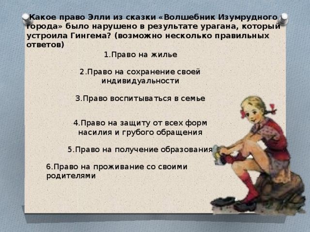  Какое право Элли из сказки «Волшебник Изумрудного города» было нарушено в результате урагана, который устроила Гингема? (возможно несколько правильных ответов) 1.Право на жилье 2.Право на сохранение своей индивидуальности 3.Право воспитываться в семье 4.Право на защиту от всех форм насилия и грубого обращения 5.Право на получение образования 6.Право на проживание со своими родителями 
