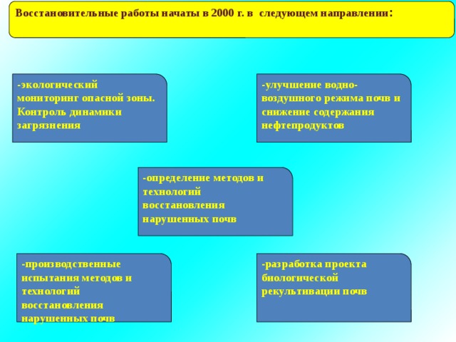 Восстановительные работы начаты в 2000 г. в следующем направлении : -экологический мониторинг опасной зоны. Контроль динамики загрязнения -улучшение водно-воздушного режима почв и снижение содержания нефтепродуктов -определение методов и технологий восстановления нарушенных почв -производственные испытания методов и технологий восстановления нарушенных почв -разработка проекта биологической рекультивации почв 