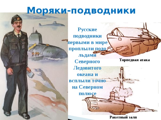 Моряки-подводники Русские подводники первыми в мире проплыли подо льдами Северного Ледовитого океана и всплыли точно на Северном полюсе Торпедная атака Ракетный залп 