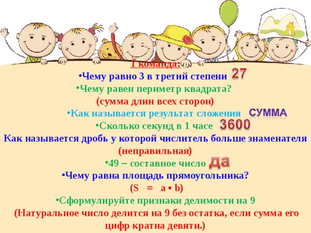 1 команда: Чему равно 3 в третий степени Чему равен периметр квадрата? (сумма длин всех сторон) Как называется результат сложения Сколько секунд в 1 часе Как называется дробь у которой числитель больше знаменателя (неправильная) 49 – составное число Чему равна площадь прямоугольника?  (S = a • b) Сформулируйте признаки делимости на 9  (Натуральное число делится на 9 без остатка, если сумма его цифр кратна девяти.) 