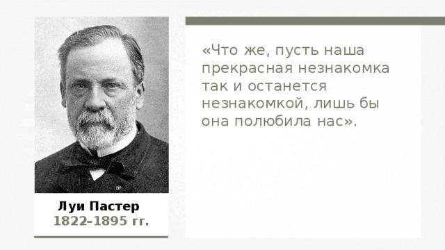«Что же, пусть наша прекрасная незнакомка так и останется незнакомкой, лишь бы она полюбила нас». Луи Пастер 18 22 –1 895 гг.  