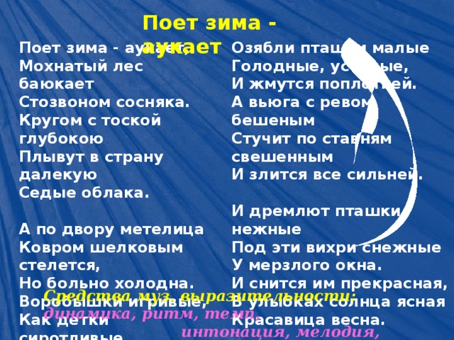 Поет зима - аукает Поет зима - аукает,  Мохнатый лес баюкает  Стозвоном сосняка.  Кругом с тоской глубокою  Плывут в страну далекую  Седые облака.   А по двору метелица  Ковром шелковым стелется,  Но больно холодна.  Воробышки игривые,  Как детки сиротливые,  Прижались у окна. Озябли пташки малые  Голодные, усталые,  И жмутся поплотней.  А вьюга с ревом бешеным  Стучит по ставням свешенным  И злится все сильней.   И дремлют пташки нежные  Под эти вихри снежные  У мерзлого окна.  И снится им прекрасная,  В улыбках солнца ясная  Красавица весна. Средства муз. выразительности: динамика, ритм, темп,  интонация, мелодия, характер, тембр, лад  