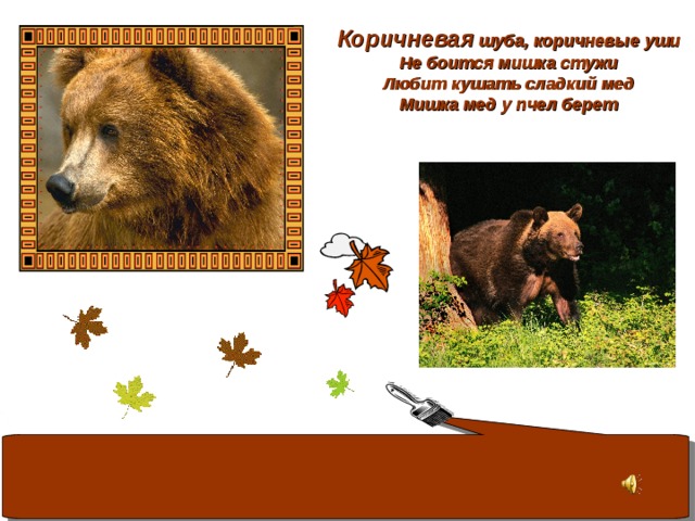 Коричневая шуба, коричневые уши Не боится мишка стужи Любит кушать сладкий мед Мишка мед у пчел берет