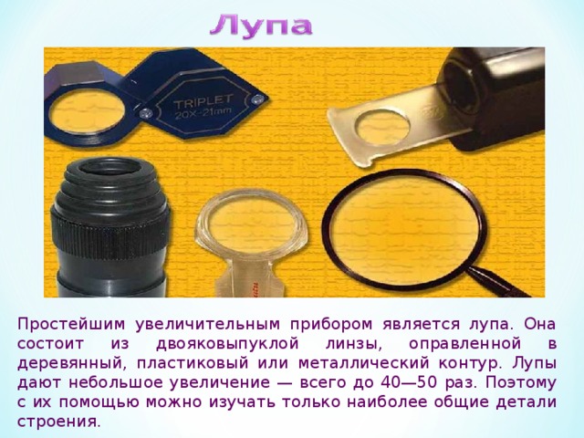 Простейшим увеличительным прибором является лупа. Она состоит из двояковыпуклой линзы, оправленной в деревянный, пластиковый или металлический контур. Лупы дают небольшое увеличение — всего до 40—50 раз. Поэтому с их помощью можно изучать только наиболее общие детали строения. 