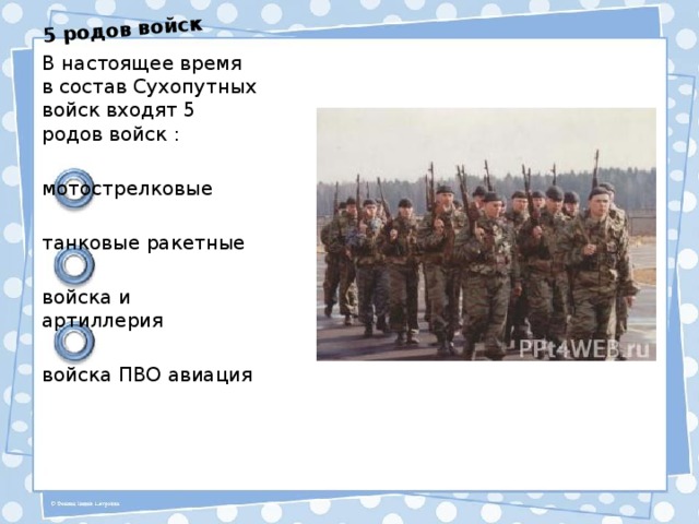 5 родов войск В настоящее время в состав Сухопутных войск входят 5 родов войск : мотострелковые танковые ракетные войска и артиллерия войска ПВО авиация 