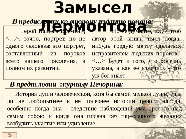 Замысел Лермонтова В предисловии ко второму изданию романа:  Герой Нашего Времени, , точно, портрет, но не одного человека: это портрет, составленный из пороков всего нашего поколения, в полном их развитии.  Но не думайте,  чтоб автор этой книги имел когда-нибудь гордую мечту сделаться исправителем людских пороков.  Будет и того, что болезнь указана, а как ее излечить - это уж бог знает! В предисловии журналу Печорина:  История души человеческой, хотя бы самой мелкой души, едва ли не любопытнее и не полезнее истории целого народа, особенно когда она - следствие наблюдений ума зрелого над самим собою и когда она писана без тщеславного желания возбудить участие или удивление.  