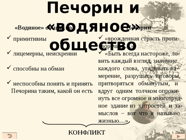 Печорин и «водяное» общество Печорин «Водяное» общество  «врожденная страсть проти-  воречить…»  «Быть всегда настороже, ло- вить каждый взгляд, значение каждого слова, угадывать на- мерение, разрушать заговоры, притворяться обманутым, и вдруг одним толчком опроки- нуть все огромное и многотруд- ное здание из хитростей и за- мыслов – вот что я называю жизнью…»  примитивны  лицемерны, неискренни  способны на обман  неспособны понять и принять  Печорина таким, какой он есть КОНФЛИКТ 27 