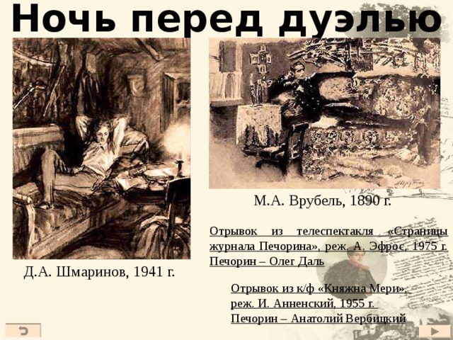 Ночь перед дуэлью М.А. Врубель, 1890 г. Отрывок из телеспектакля «Страницы журнала Печорина», реж. А. Эфрос, 1975 г. Печорин – Олег Даль Д.А. Шмаринов, 1941 г. Отрывок из к/ф «Княжна Мери», реж. И. Анненский, 1955 г. Печорин – Анатолий Вербицкий 27 