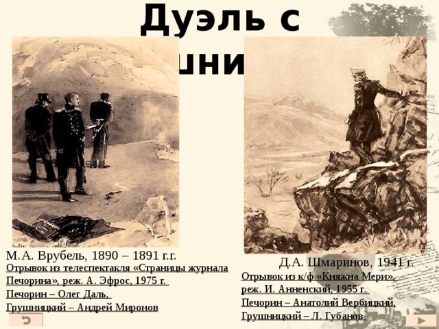 Дуэль с Грушницким М.А. Врубель, 1890 – 1891 г.г. Д.А. Шмаринов, 1941 г. Отрывок из телеспектакля «Страницы журнала Печорина», реж. А. Эфрос, 1975 г. Печорин – Олег Даль, Грушницкий – Андрей Миронов Отрывок из к/ф «Княжна Мери», реж. И. Анненский, 1955 г. Печорин – Анатолий Вербицкий, Грушницкий – Л. Губанов 27 
